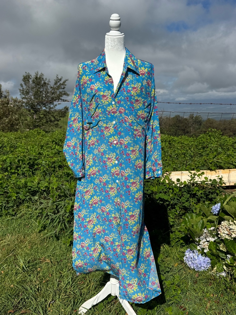 No.6 Store Blue Floral Silk shirt Dress Midi Preppy Classic